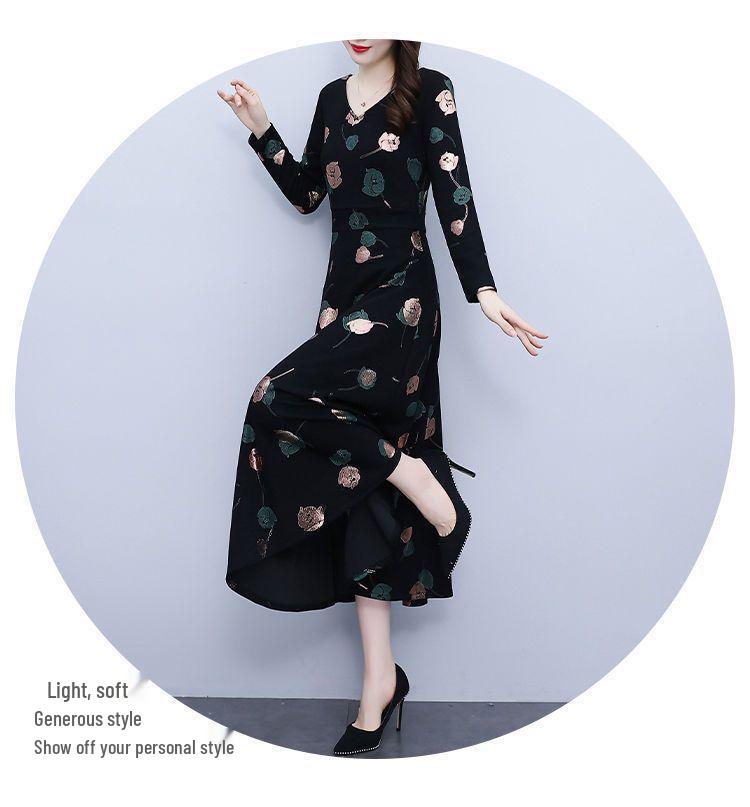 Spring & Fall V-Neck A-Line Dress for Middle-aged Women: Mid-length, Printed, Waist-cinching, Wide Hem