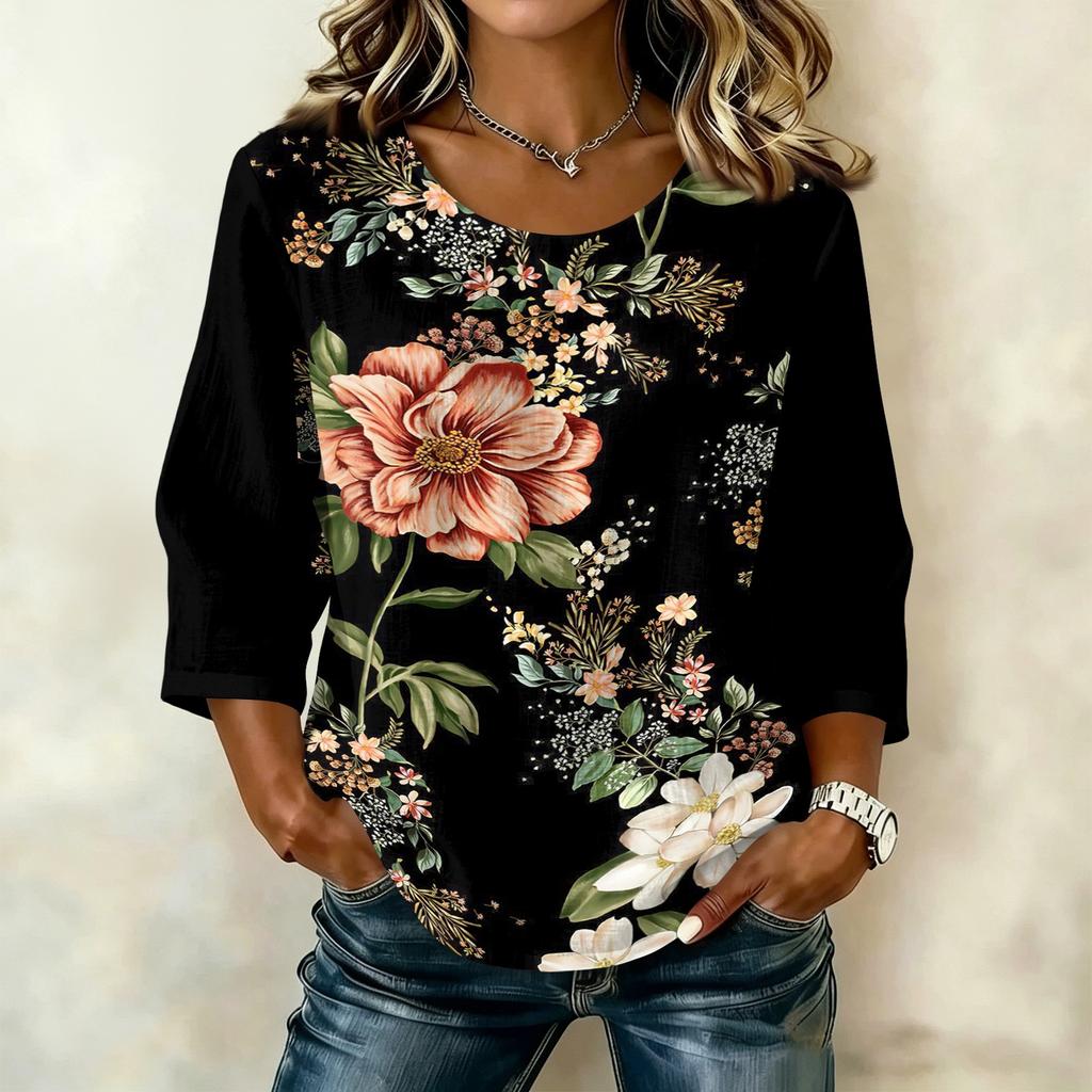 Damen Freizeitbluse mit Blumenprint, Rundhalsausschnitt, Dreiviertelärmel, Leinen-Baumwollmischung, Leicht, Bequem, Lockerer Schnitt, Oberteil für den Alltag
