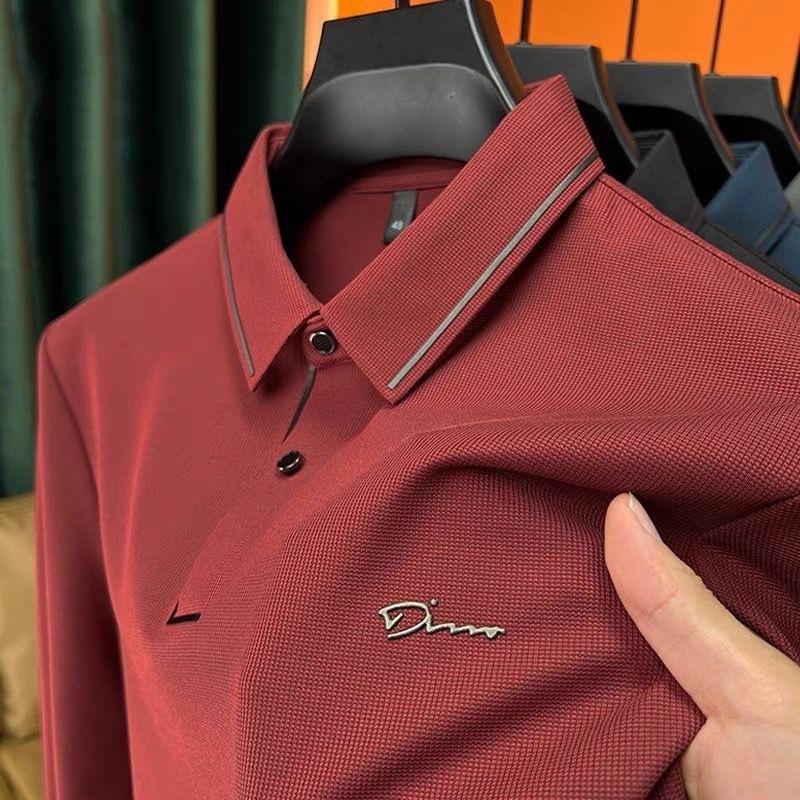 

Новая бесшовная футболка с длинными рукавами, мужская повседневная деловая рубашка поло с лацканами на весну и осень, одежда для папы среднего возраста M