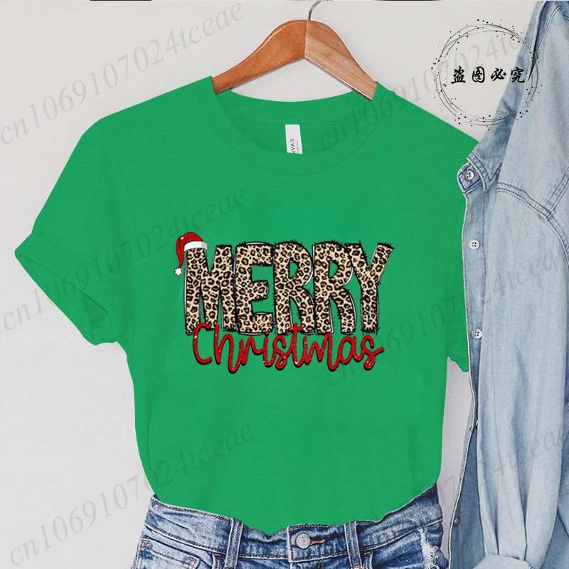 Leopard Merry Christmas Print TShirts Crew Neck Tshirt Casual Short Sleeve Top for Christmas Unisexs Clothing Tshirt Top
