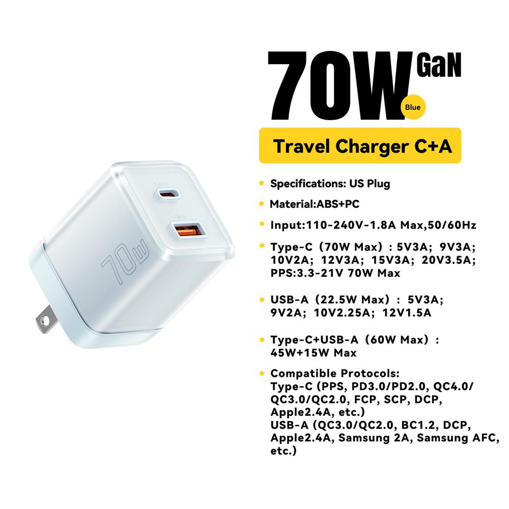 70W GaN Ladegerät PD Laden USB Typ C Ladegerät Unterstützt PD QC PPS Tragbares Schnellladegerät Für iPhone 15 14 13 Laptop-Ladegerät