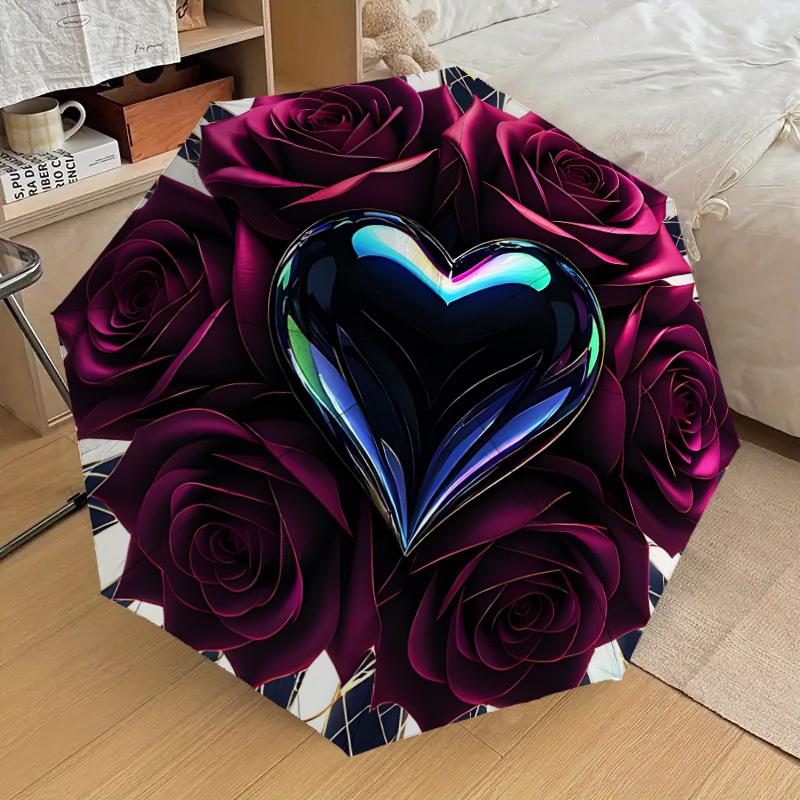 

1pc Heart Roses Print Automatic Folding Umbrella, 8 Ribs Iron Frame, Suitable for Outdoor Travel and Daily Use yy251120235