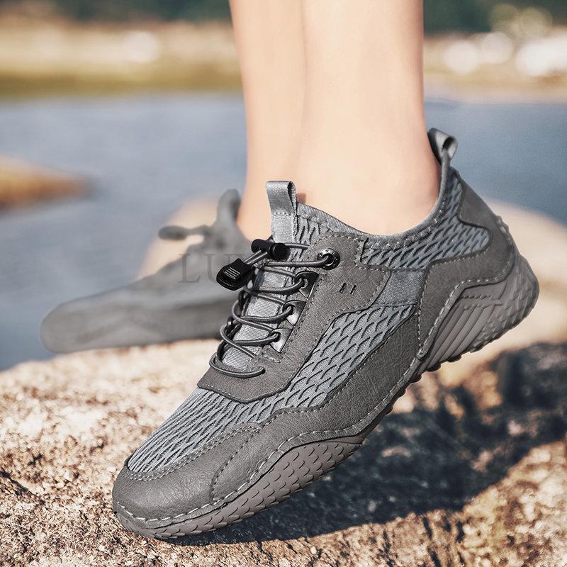 Herren Echtleder Schuhe Sommer Atmungsaktiv Tennis Herren Löcher Hohl Sandalen Für Outdoor Mesh Strand Grau Sneaker Sportlich Lässig