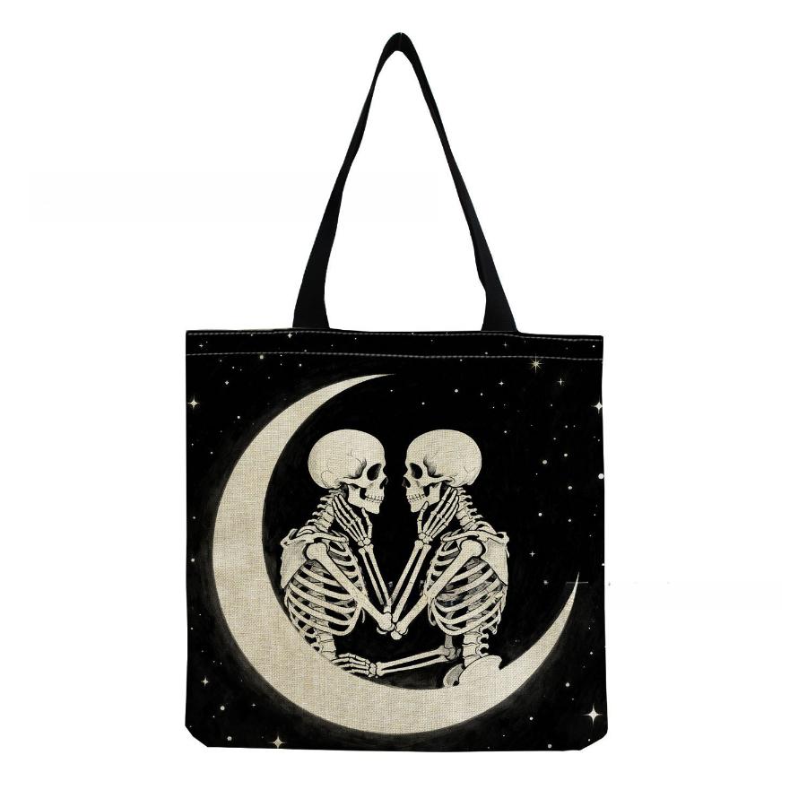 Women Vintage Linen Tote Bag - Large Capacity Skeleton Print Shoulder Handbag for Casual & Grocery Shopping KTB