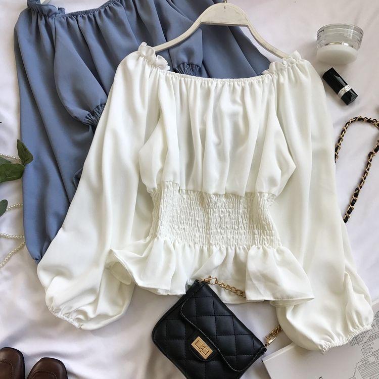 One Shoulder Off Shoulder Chiffon Shirt for Women In Spring and Autumn Women's Waist Cinched Ruffle Edge Shirt