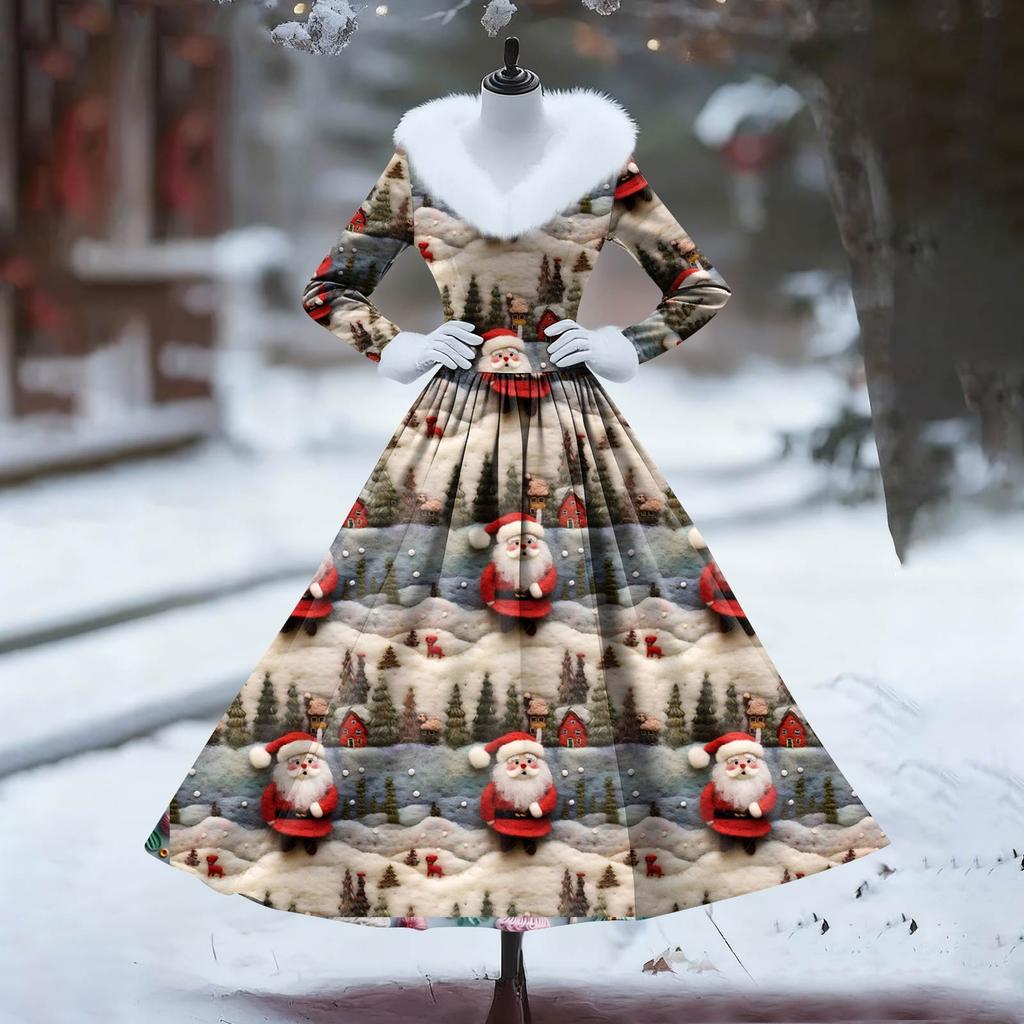 Women's Casual Dress Long-Sleeve V-Neck Patchwork Fleece Christmas Print Dress