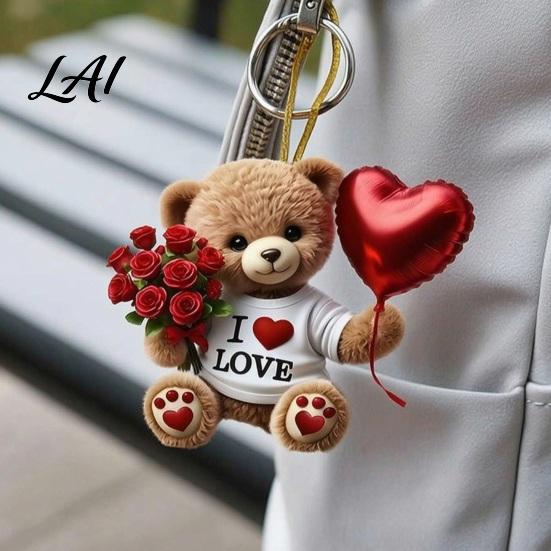 Heart Balloon Hanging Decoration Teddy Bear Ornament Holding Red Rose Bouquet Decoration Cute Backpack Charm Car Rearview Mirror 2D Flat Acrylic