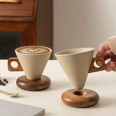 Vintage Coffee Mug Ceramic Conical Cup with with Wooden Handle & Saucer Stable Tea Mug Unique Gift for Tea & Coffee Lovers