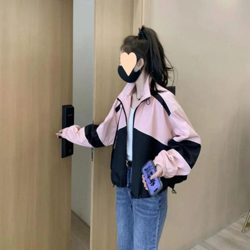 Windbreaker Jacket Women Cropped Spring Plus Size Casual Versatile Loose Color Block Baseball Top