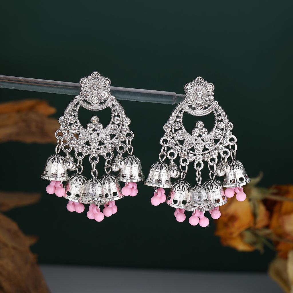 Vintage Bohemian Diamond Bells Tassel Flower Earrings, Ethnic Style Personality Geometric Hollow Holiday Earrings