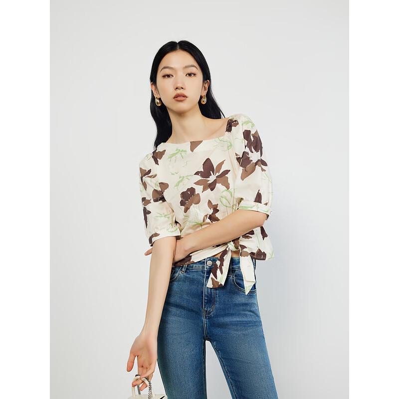 French Elegant Floral Short-Sleeve Blouse L