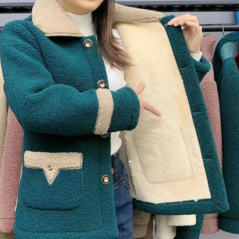 Jehněčí fleecová bunda Podzimní a zimní Modely Plus Sametová zhušťovací bunda s mateřským kožíškem Dámská Středně dlouhá