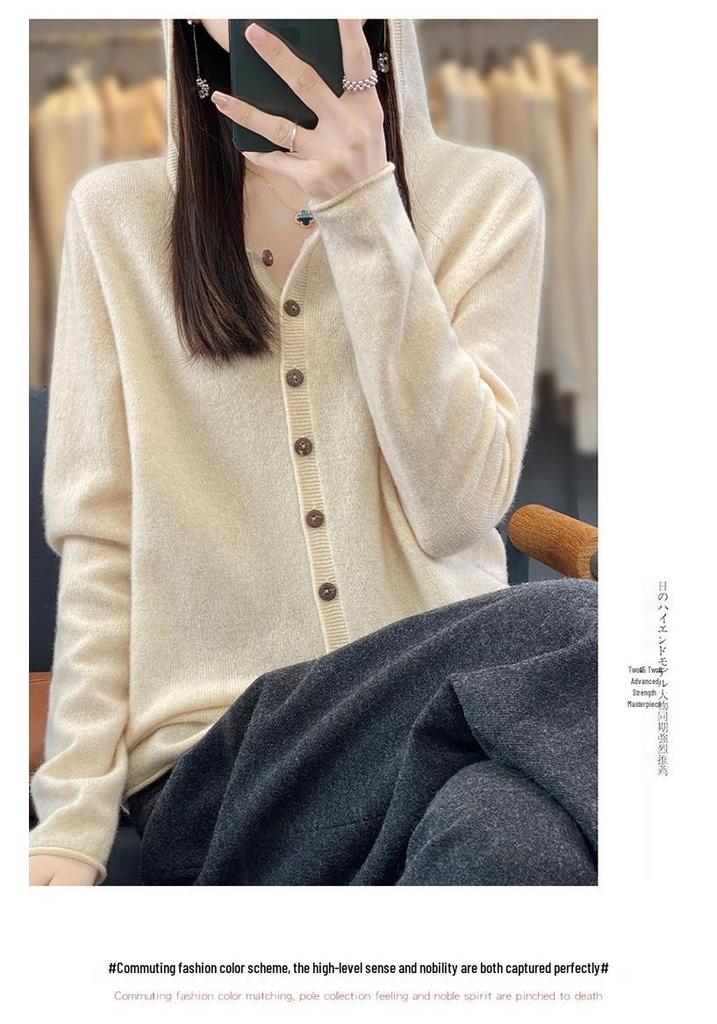 Women's Fashionable Pure Wool Cashmere Hoodie Cardigan - Autumn/Winter Knitwear Long Sleeve Loose Sweater.