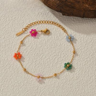 Freeteeme Fashion Colorful Flower Bracelet for Women Girls Stainless Steel Jewelry Gold Color Beads Chain Valentine's Day Gift