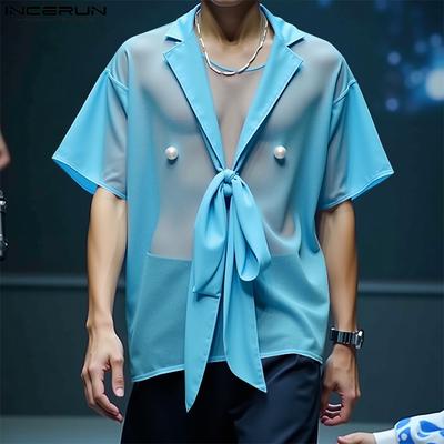 Men Summer Short Sleeve Twisted Mesh Sheer Seen Through T-shirts