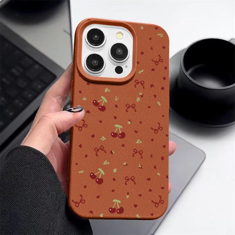 Little Cherry Bowknot Print Soft Matte Case For iPhone 16 Pro Max 15 Pro 14 13 12 11 TPU Leather Texture Shockproof Slim Phone Cover