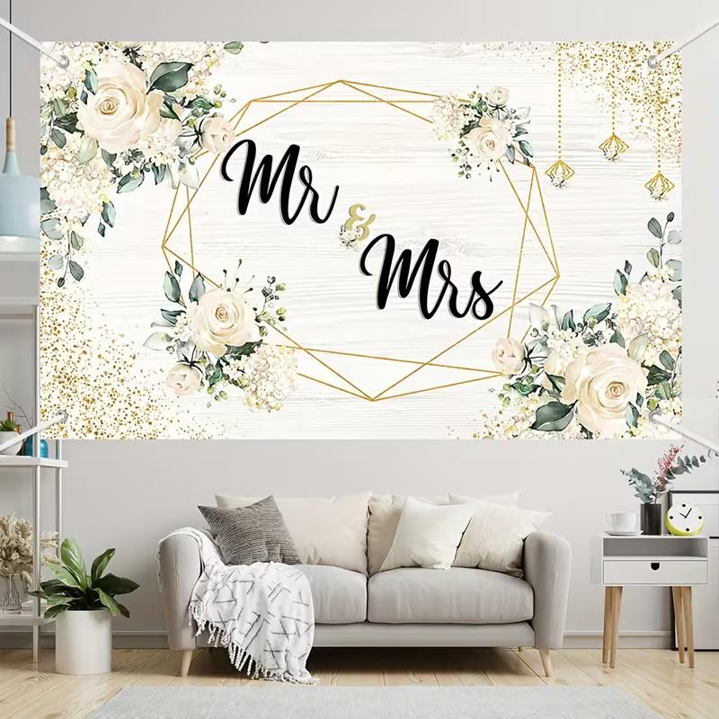 2D Flat Rustic Wood Wedding Banner, White Rose & Eucalyptus Bridal Shower Photo Booth