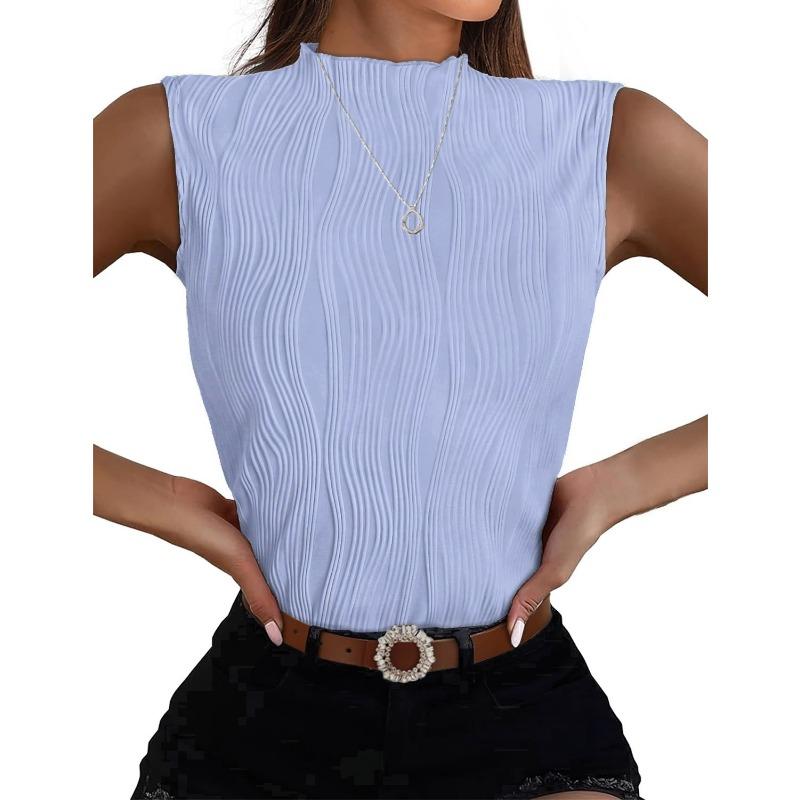 

YYFS Женская мода Повседневная Летняя Весна Однотонный Принт Без Рукавов Полуводолазка Блузки и Рубашки S светло-синий