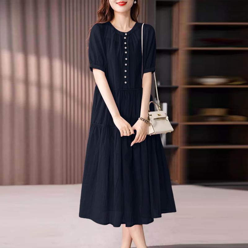 ZANZEA Women Casual Round Neck Solid Color Short Sleeve Long Dress