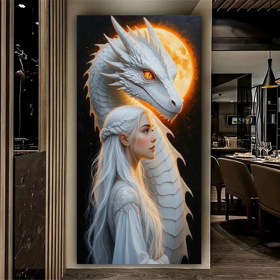 Moon White Dragon Girl Large Size Diamond Painting Animals Diy Full Square Round Drill Rhinestone Embroidery Mosaic Cross Stitch Kits Wall Decor