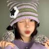 New Cute Cat-ear Warm Woolen Cap for Women, Korean Style Fashionable Pullover Cap, Striped Knitted Cap for Autumn and Winter