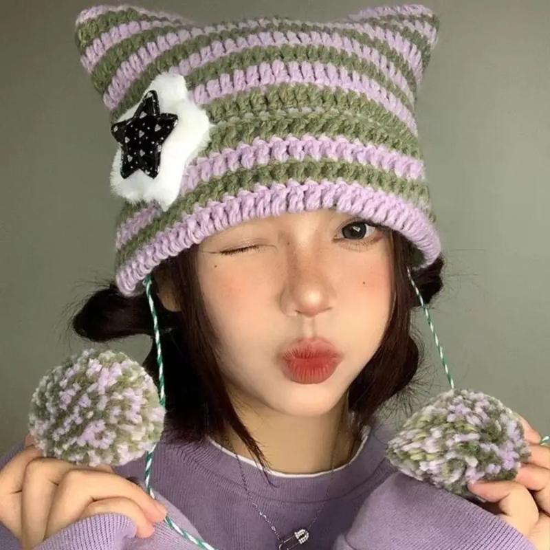 New Cute Cat-ear Warm Woolen Cap for Women, Korean Style Fashionable Pullover Cap, Striped Knitted Cap for Autumn and Winter
