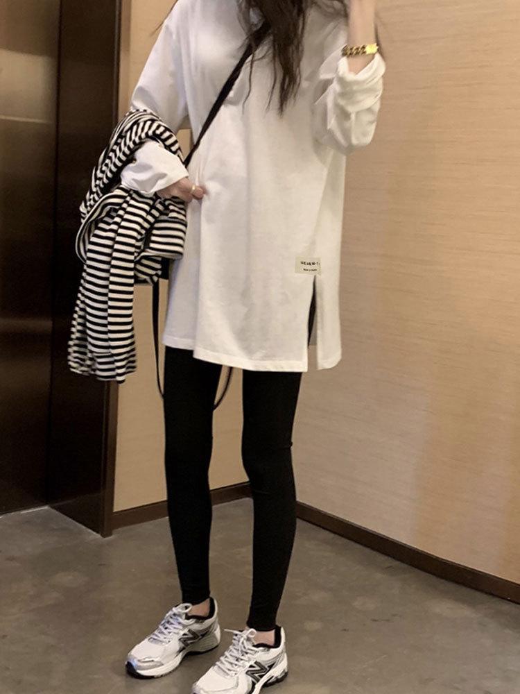 Women's Large European Style White Long-Sleeve T-Shirt - Loose Mid-Length Base Layer for Spring, Autumn, Winter.