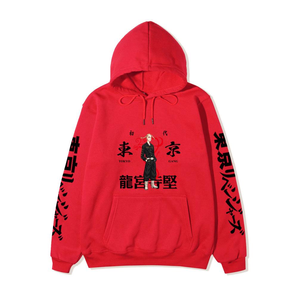 Tokyo Revengers Hoodie with Ryuguji Ken Print, Long Sleeve Pullover Sweatshirt, Anime Street Casual Unisex Sweatshirt with Japanese Text Sleeves