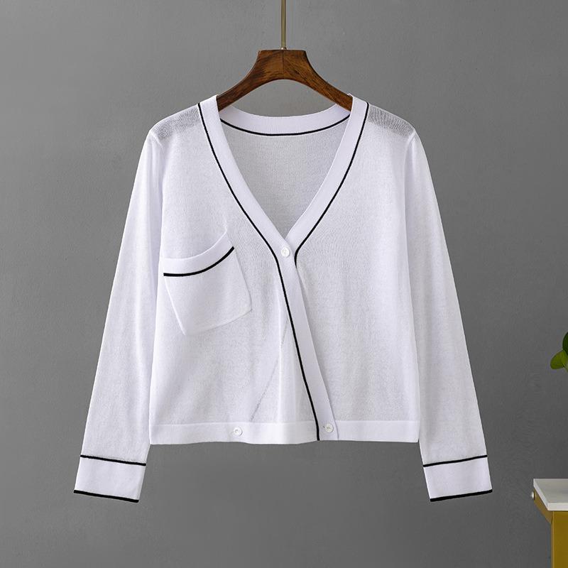 Cardigan de viscose com decote em V de manga comprida e botão pulôver para mulheres casual preto e branco gelo proteção UV seda chiffon blusas camisas com bolsos