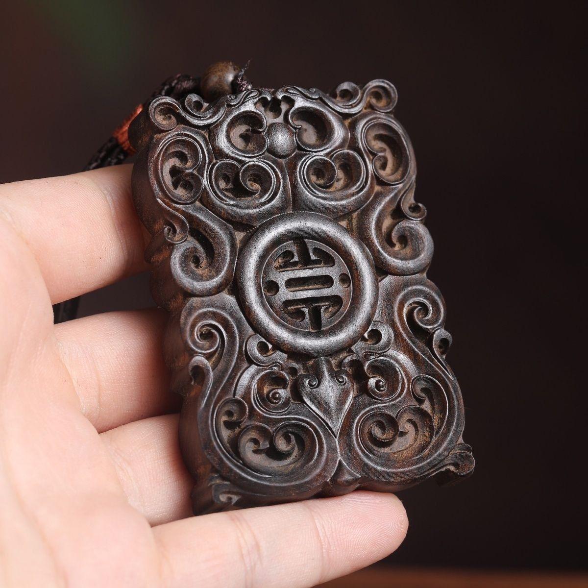 Agarwood Double-Sided Antique Dragon & Phoenix Pendant - Retro Style Wushi Pai