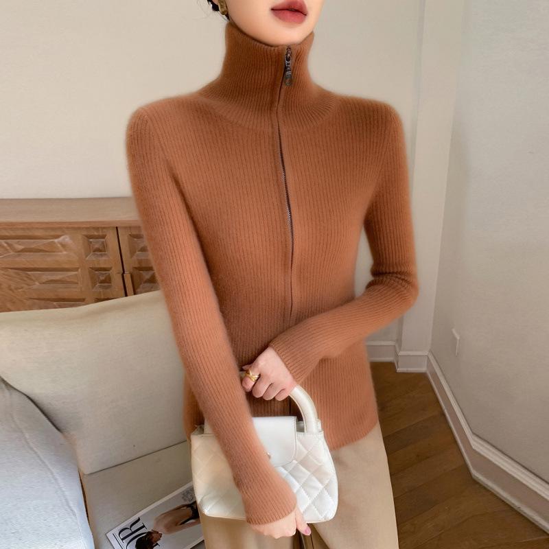 2025 Fall/Winter Women's Versatile Striped Cashmere Zipper Cardigan Sweater
