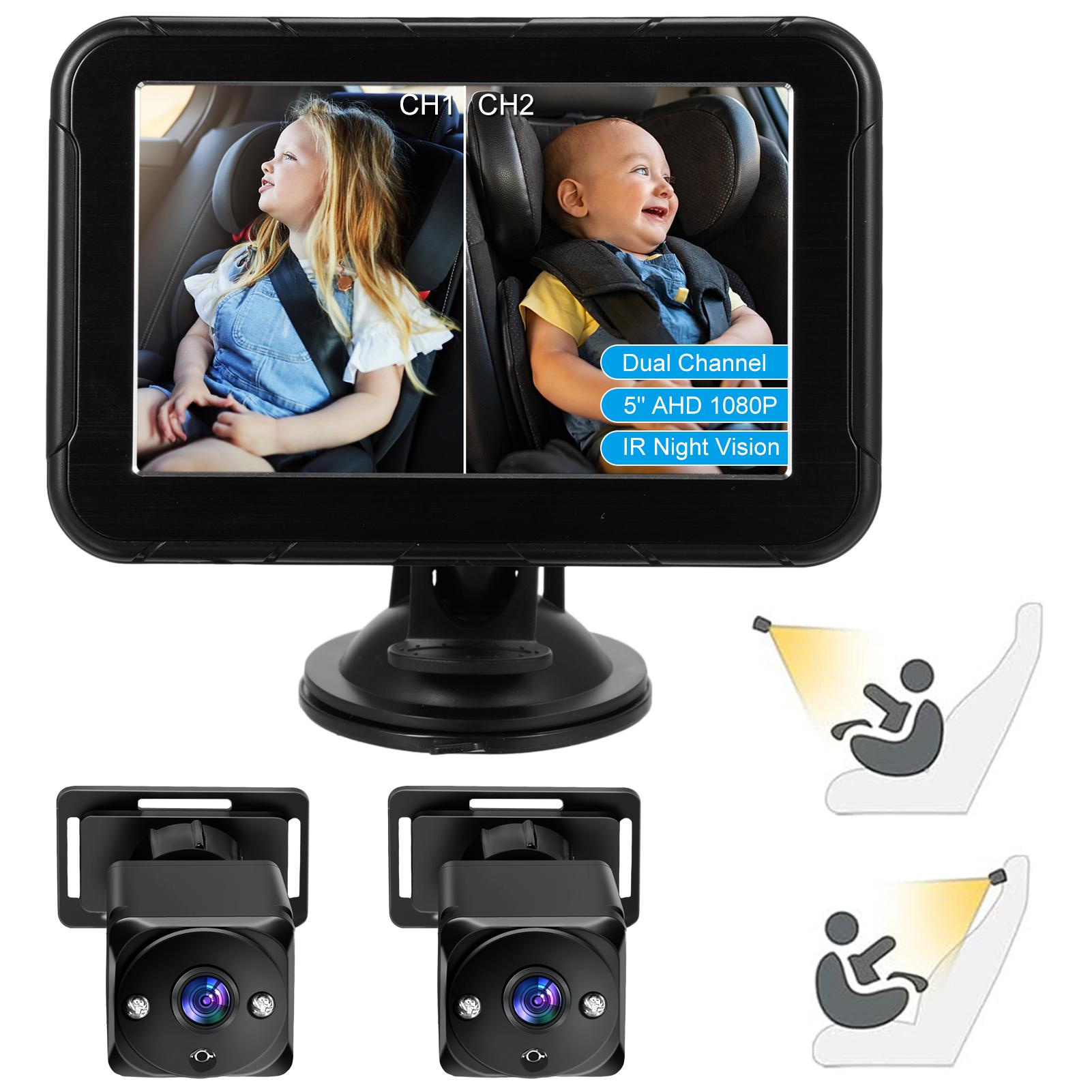 

Baby Car Camera Dual Channel 5 inch 1080P Car Baby Camera Display with 2 IR Night Vision Camera and 150 degrees Wide