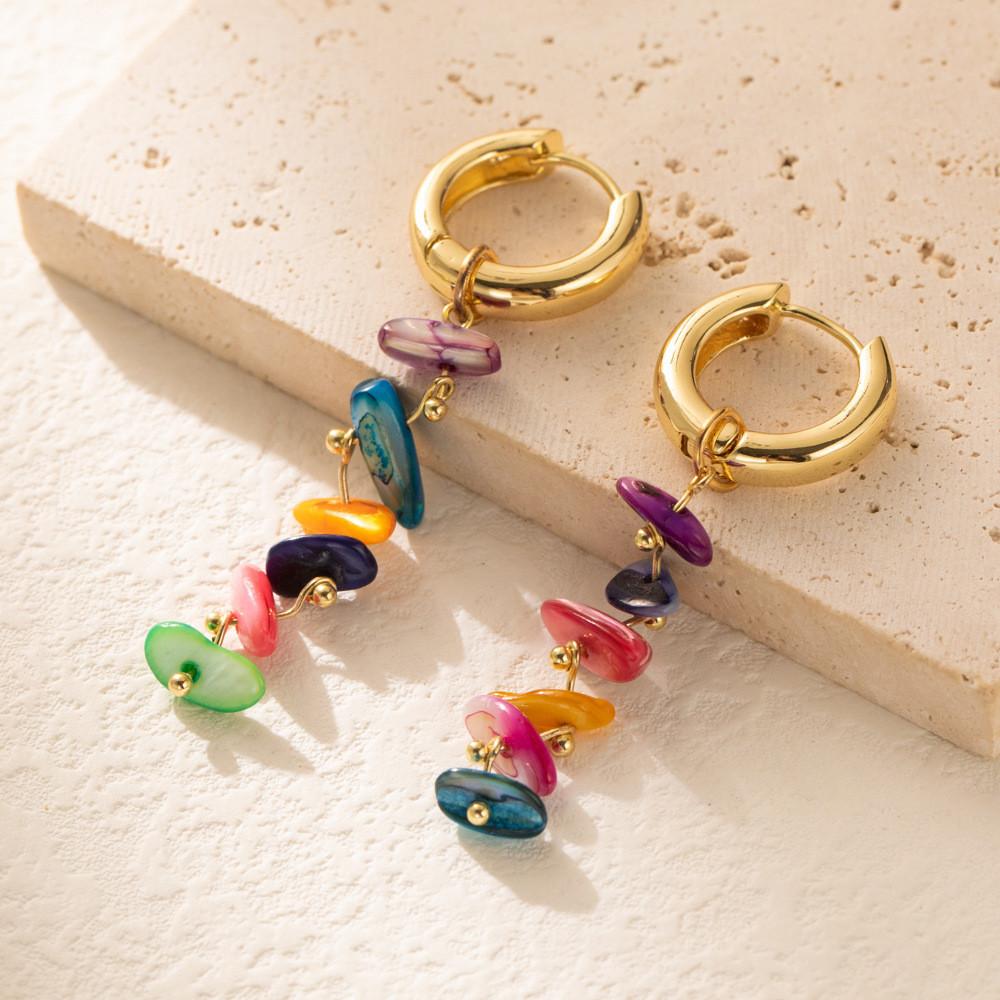 Elegant Natural Stone Earrings For Women Colorful Geometric Design With Chain Details