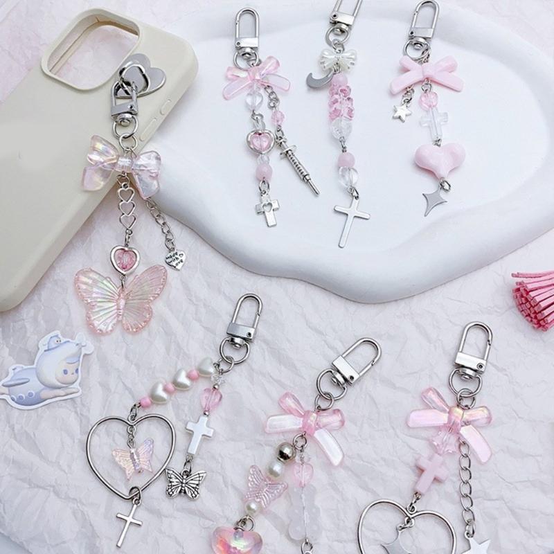 Modischer Herz-Schmetterling-Schleifenknoten-Anhänger Süßes Handy-Lanyard Taschen-Dekoration Tragbares Hänge-Lanyard für Mädchen Frauen