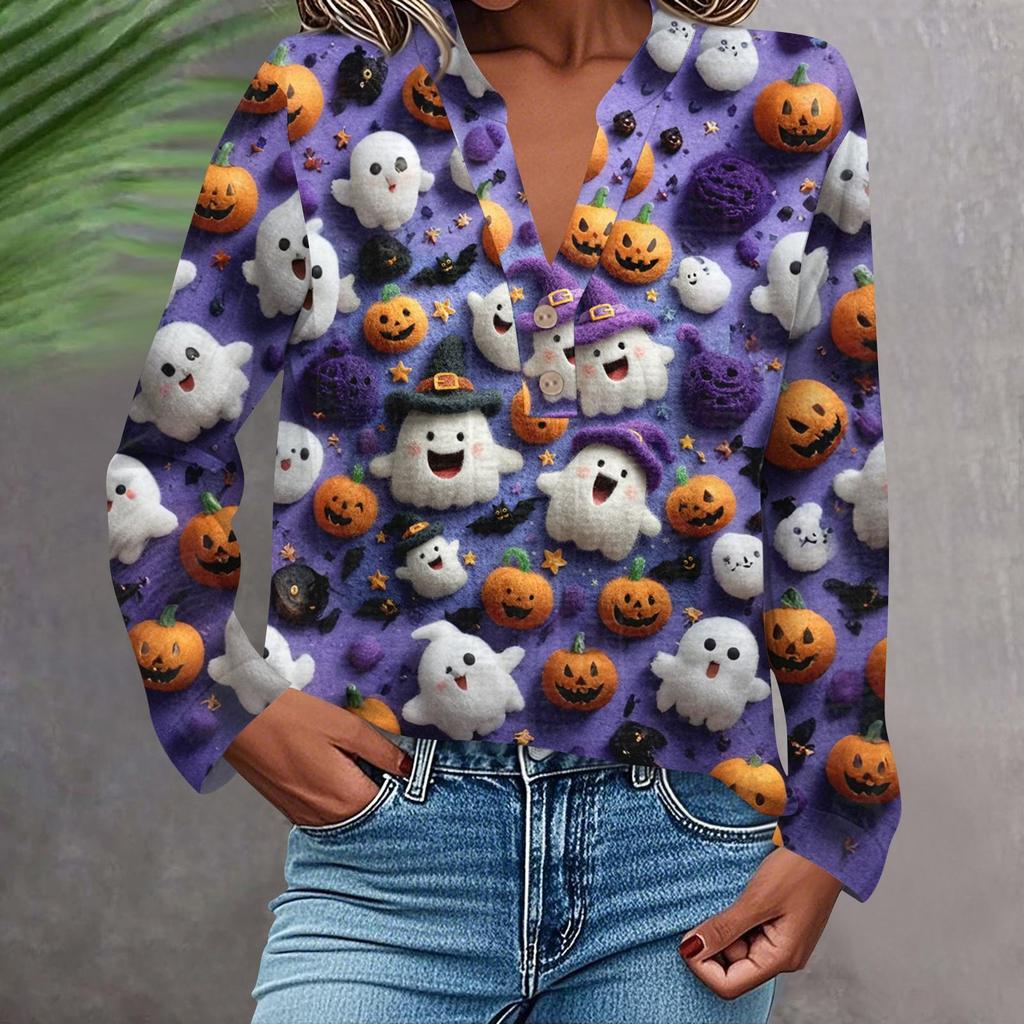 Damen Modisches Und Lässiges Hemd Langarm V-Ausschnitt Knopf Bedruckte Bluse Top