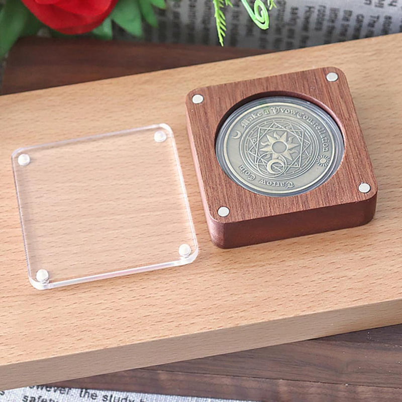 Boîte de présentation pour capsules de pièces en bois avec couvercle transparent Support de rangement compact pour pièces Étui de présentation pour dollar en argent