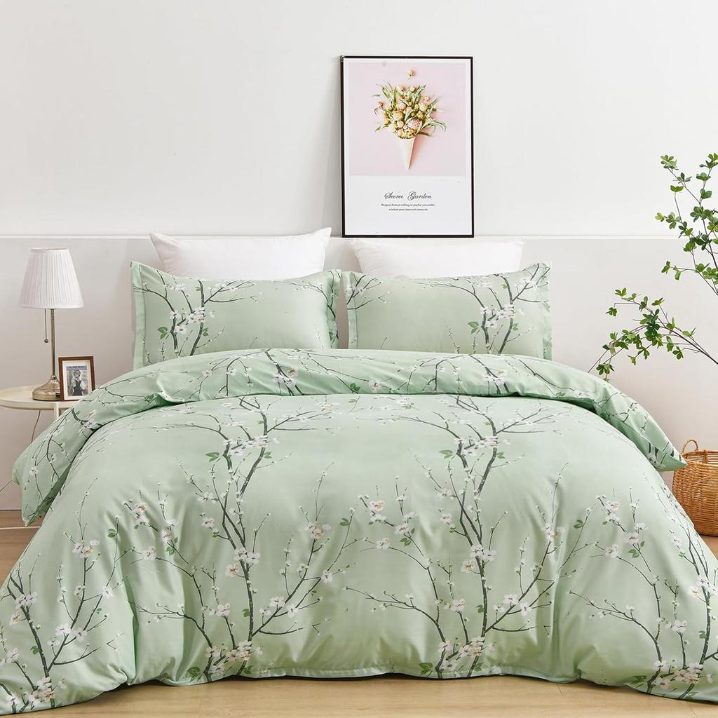 Seturi de husă de pilotă florală verde salvie, mărime Queen, 3 piese, Set de lenjerie de pat imprimat cu flori și flori de prun, Huse de plapumă cu ramuri botanice