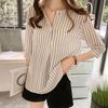 Women Shirt Striped Print V-neck 3/4 Sleeves V Neck Elegant Summer Women Working Clothes Streetwear
