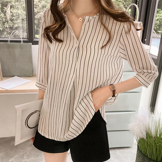 Women Shirt Striped Print V-neck 3/4 Sleeves V Neck Elegant Summer Women Working Clothes Streetwear