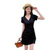 Women's Slim Fit Ruched Fishtail Little Black Dress with Drawstring Waist