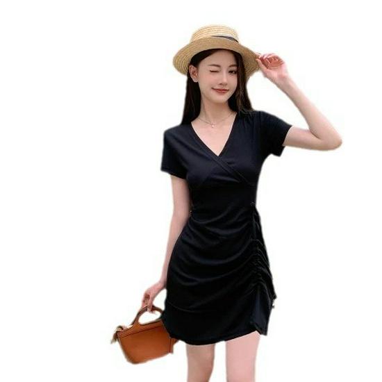 Women's Slim Fit Ruched Fishtail Little Black Dress with Drawstring Waist