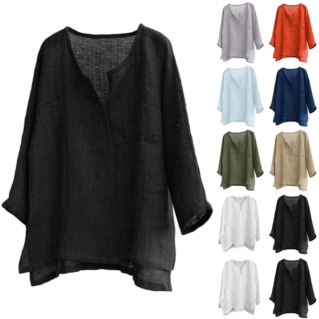 Men's And Women's Fashion Matching Cotton-Linen Solid Color Casual Loose V-Neck Long-Sleeved Shirt T-Shirt Top