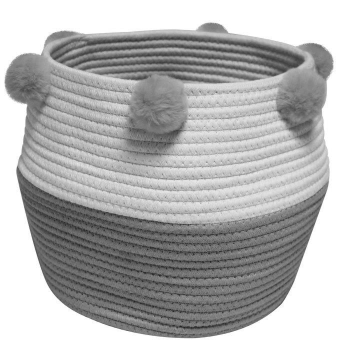 Panier - SUZY - Gris/Blanc - Coton - 30x26 cm - Pompons