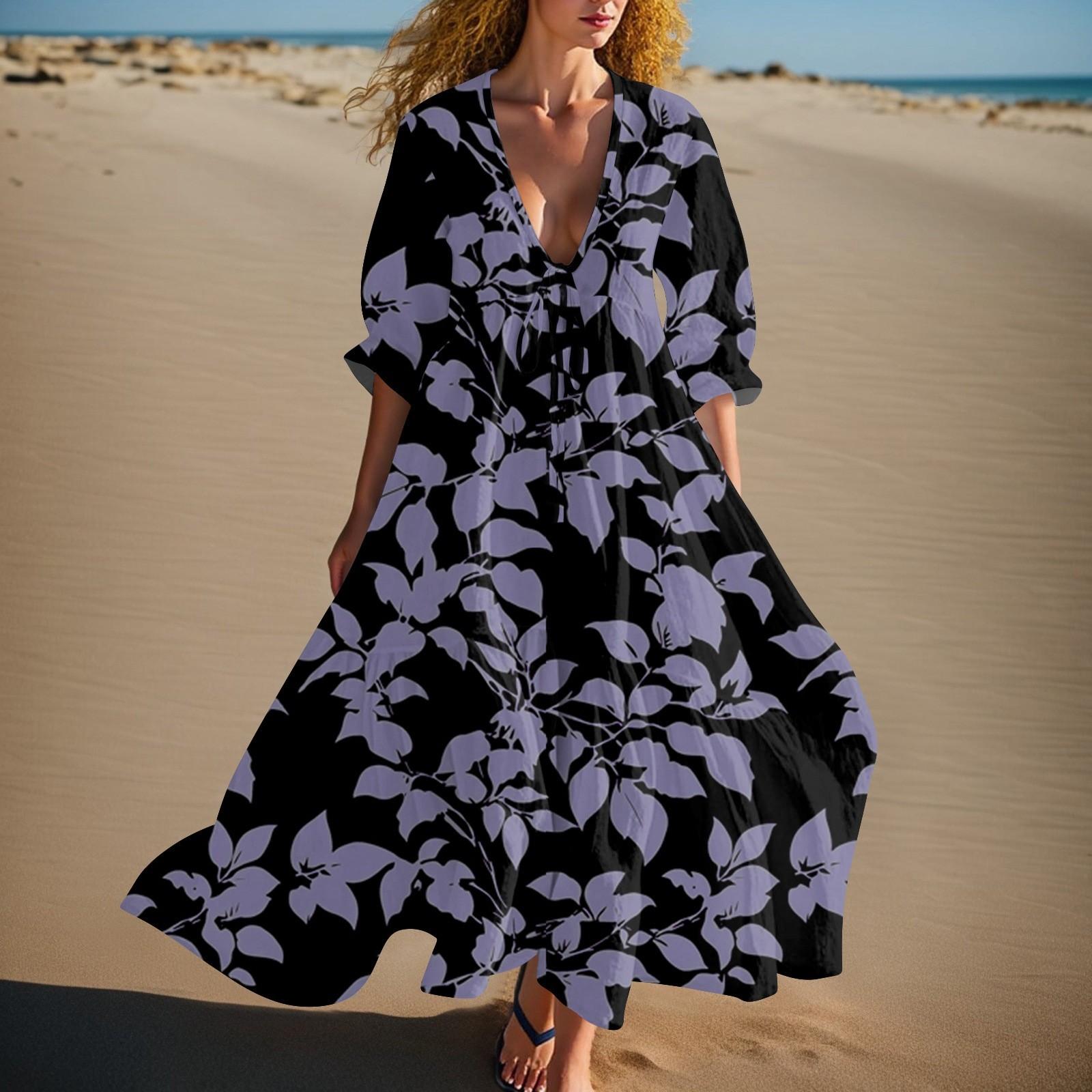 

Женское летнее модное платье с V-образным вырезом, ретро цветочным принтом, короткими рукавами, пляжное платье с кружевной отделкой XXL фиолетовый