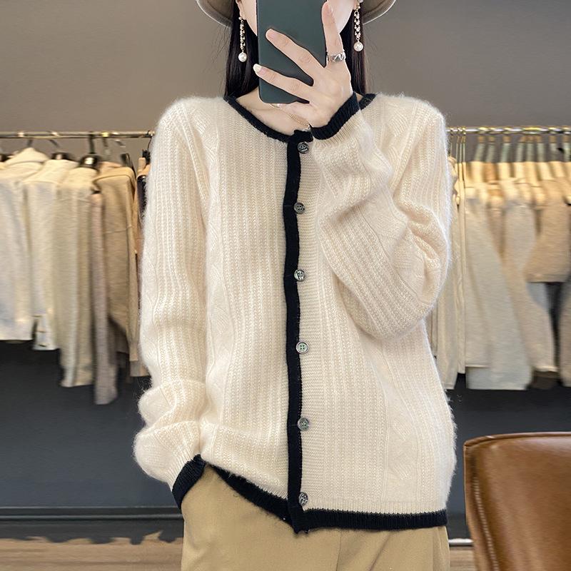 Women's 23-Color Block Round Neck Pure Wool Cardigan - Long Sleeve Knit Sweater