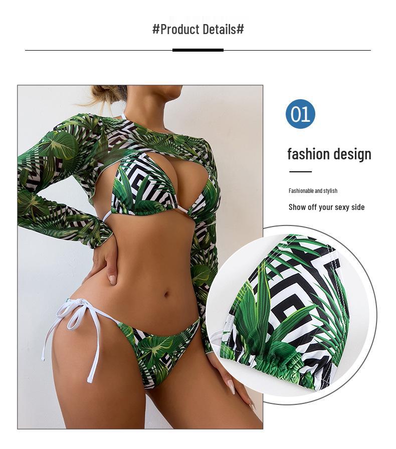 2024 Euro-American Mesh Hollow Out Drawstring Bikini Set - Three-Piece Swimwear