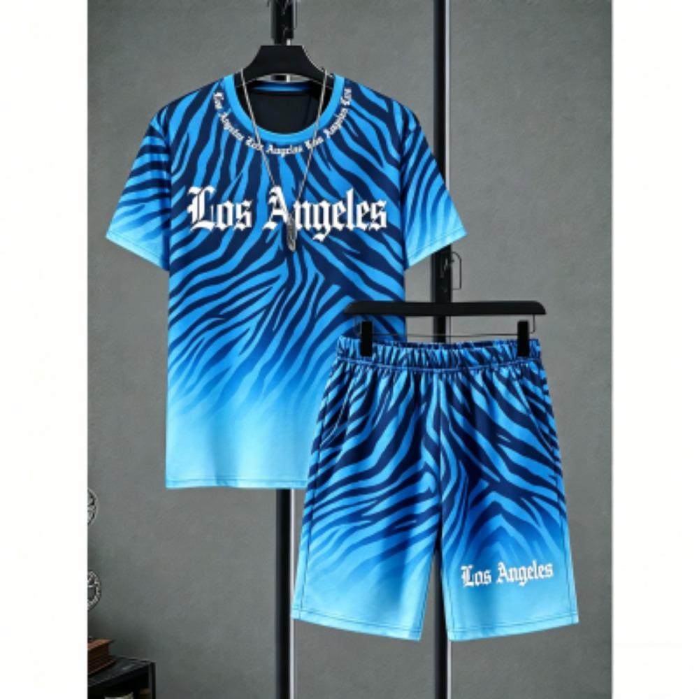 Fashion Men's Set Letter Zebra Stripe Colorful Printed Men's T-shirt and Shorts 2 Piece Set Summer Casual Outdoor Men's and Women's T-shirt Sets