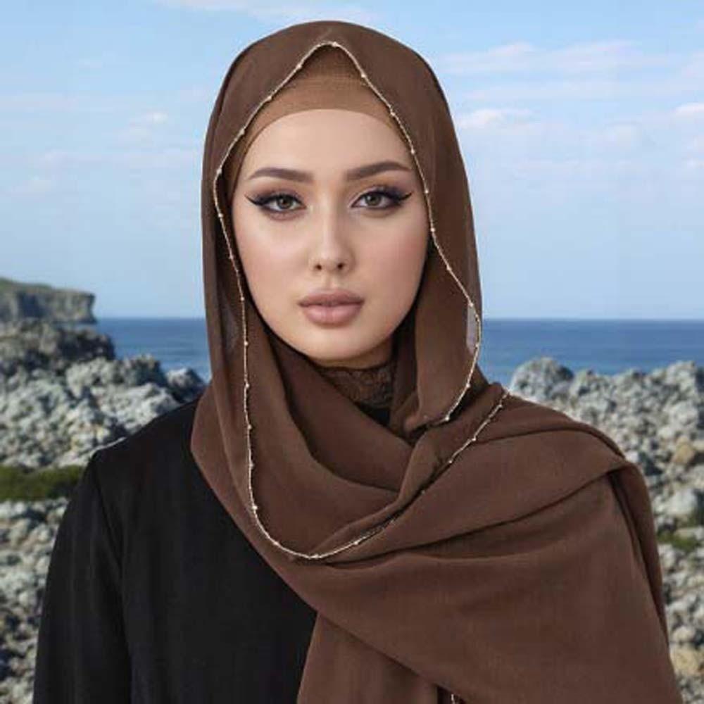 Elastic Colorful Beaded Headscarf Hijab Chiffon Large Shawl Versatile Printed Tail Turban Couple