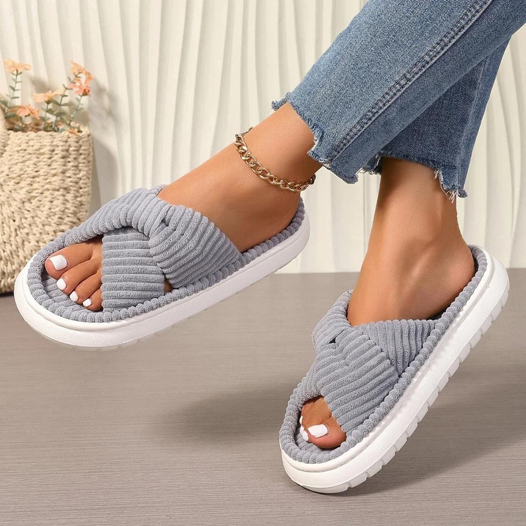 Fashion New Women's Slippers Open Toe Slip On Flat Shoes for Women Indoor Comfortable Fashion Home Cotton Shoes Anti-slip Platform Shoes