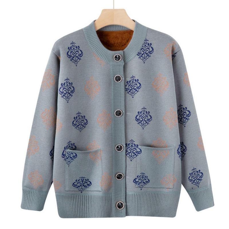 Grandma Autumn and Winter Plush Sweater Cardigan Middle-aged and Elderly Women's New Mother's Knitted Sweater Jacket Thickened Top